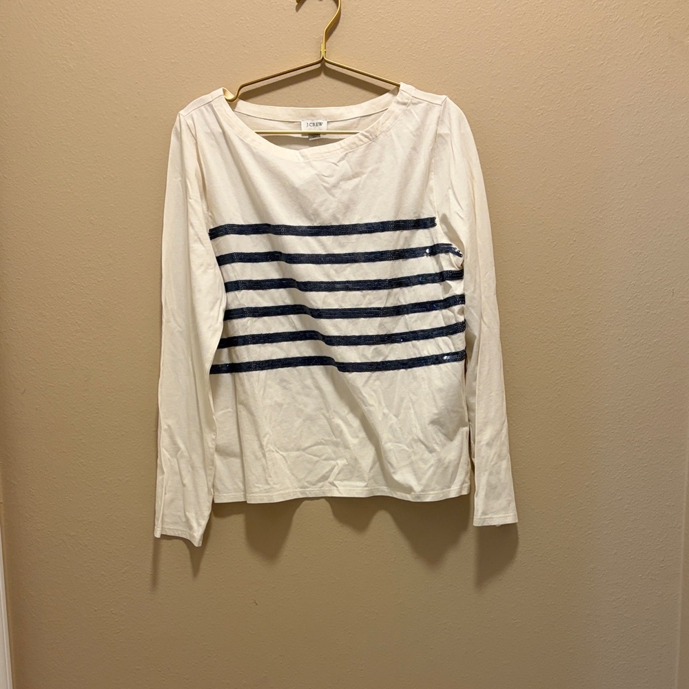 J. Crew White and Navy Striped Long Sleeve Tee